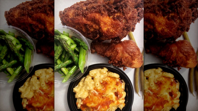 BoBo's Fine Chicken fried chicken with sides of asparagus and mac and cheese