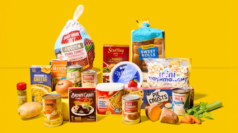 Lidl Thanksgiving dinner items on a yellow background