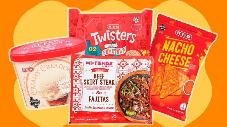 An orange and yellow background with pictures of H-E-B brand vanilla ice cream, twisters sandwich cookies, beef fajitas, and a nacho cheese chip package