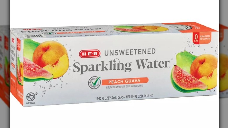 box of H-E-B Peach Guava Unsweetened Sparkling Water