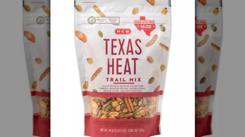 red and white bag of H-E-B Texas Heat Trail Mix
