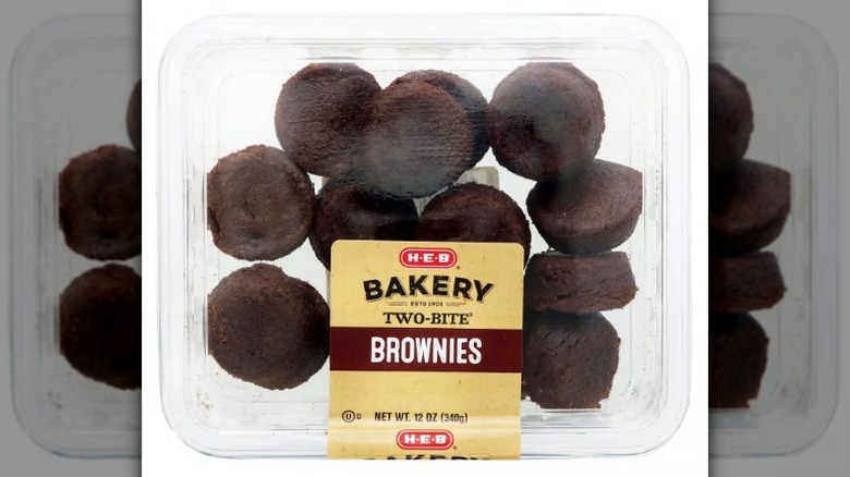 clear plastic container filled with H-E-B Two-Bite Brownies