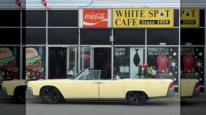 White Spot Cafe Exterior with old timey convertible parked in front
