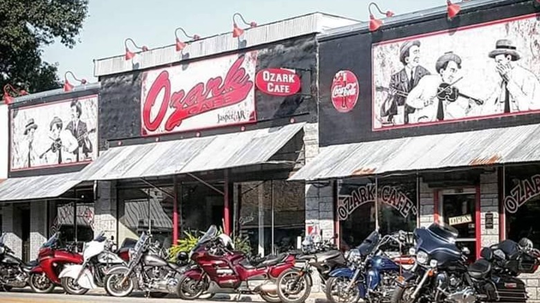 Exterior of Ozark Cafe with Motorcycles parked in front