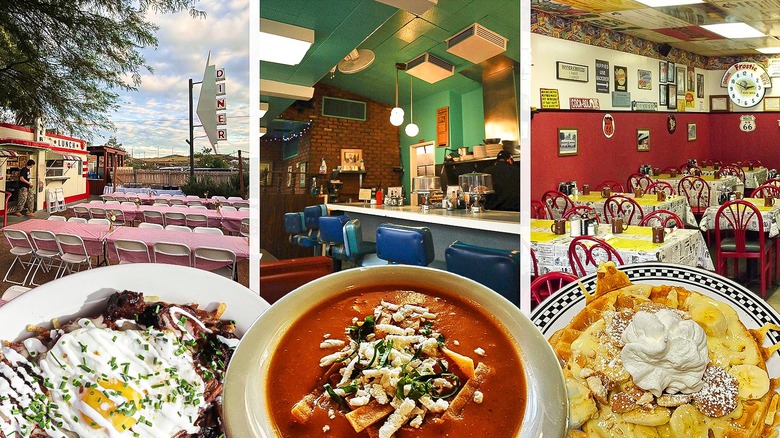 Plates of diner food in front of three different diners