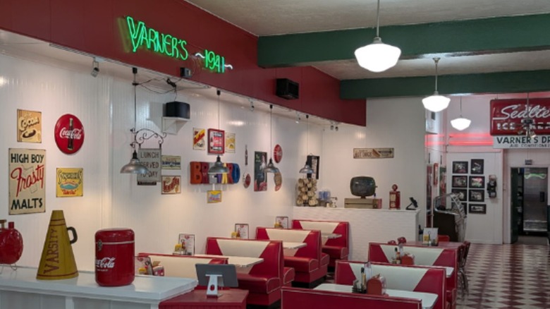 Rocky's Grill & Soda Shop dining room interior with red vinyl retro booths