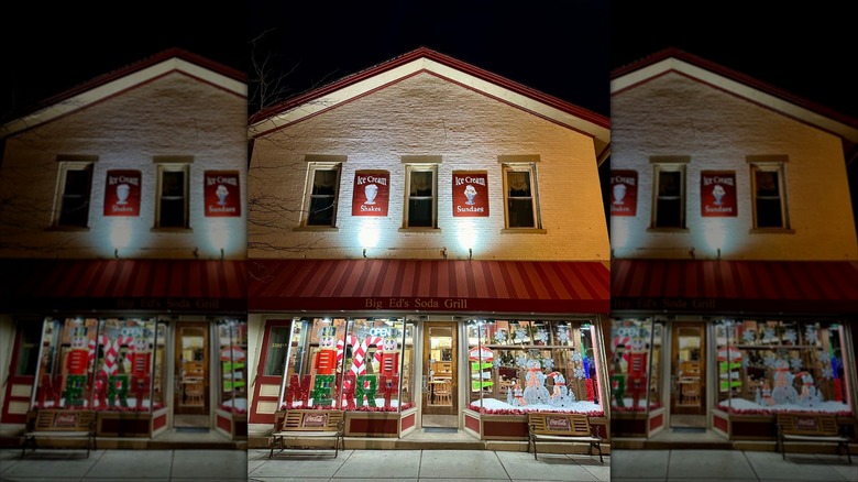 Big Ed's Main Street Soda Grill exterior at night, uplit