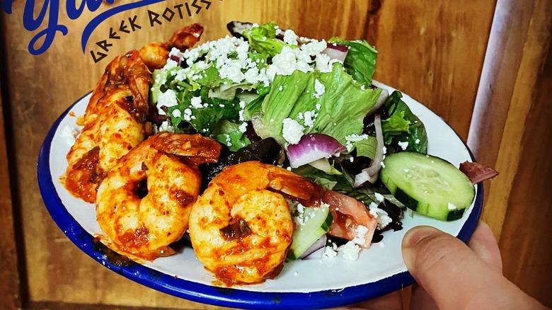 Greek Salad with Aleppo Shrimp at Yamas Greek Rotisserie