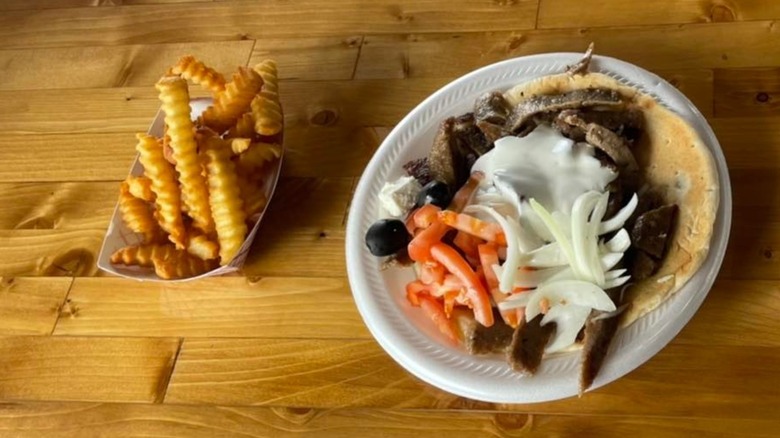 Open-face gyro and crinkle cut French fries from Nick's Gyros