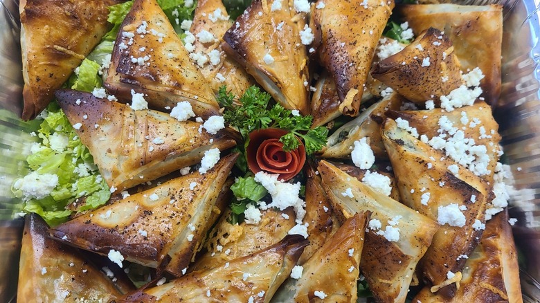 Tray of spanakopita from Greek Unique