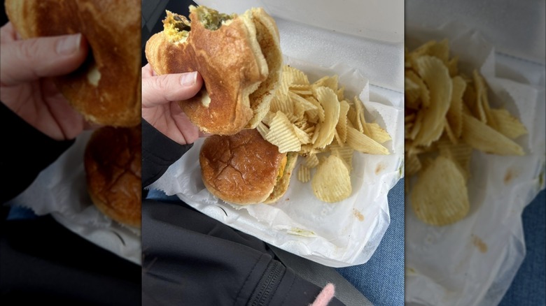 Vada paav and chips from Indian Street Food Fargo in a styrofoam to-go container