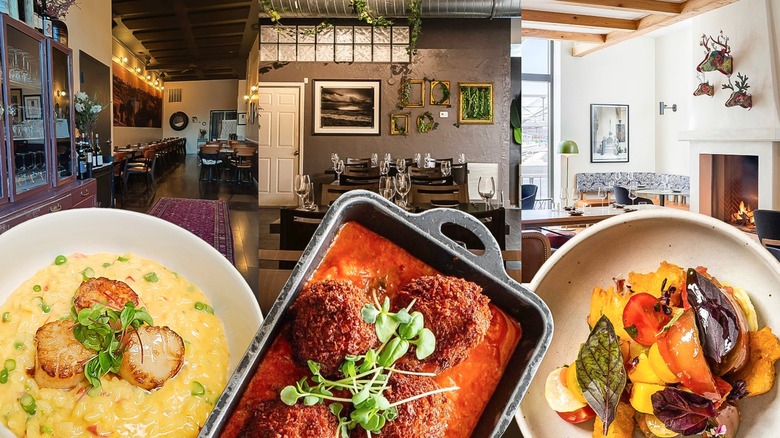 Composite image of three Italian plates in front of respective Italian restaurant backgrounds