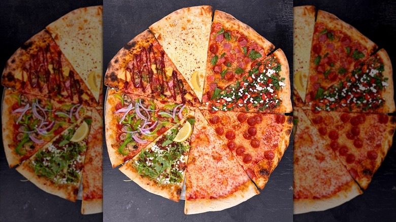 Various slices of types of pizza arranged into a whole pie from Razzo Pizzeria