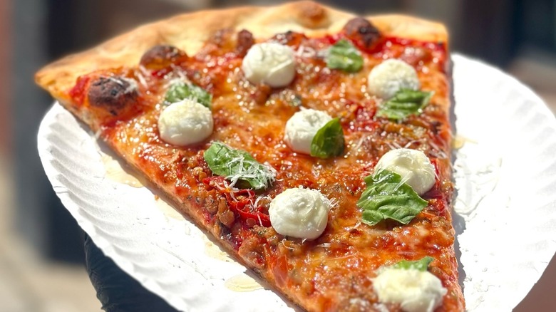 Slice of pizza with fresh mozzarella and basil on a paper plate from Via Della Slice Shop