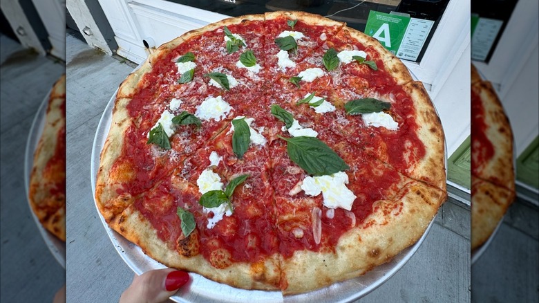 Whole pizza marinara with fresh mozzarella and basil from Heirloom Pizzeria