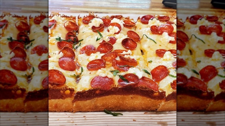 Detroit Style pepperoni pizza from Pizza by Yandy's