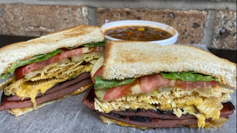 Dad's Favorites Deli cup of Burgoo and a "Kentucky Gentleman" fried bologna sandwich