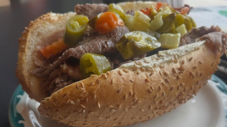 Italian Beef Provolone Giardinara sandwich from Hen's Deli