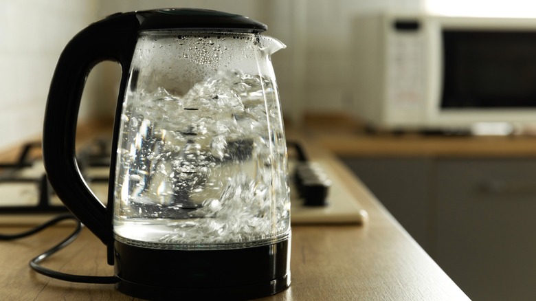 Electric kettle boiling water on countertop
