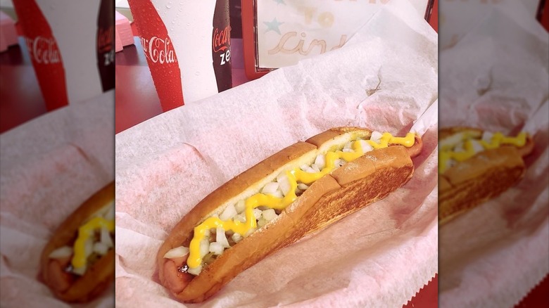 hot dog on grilled bun with mustard and onions from Cindy's Drive-In in Massachusetts