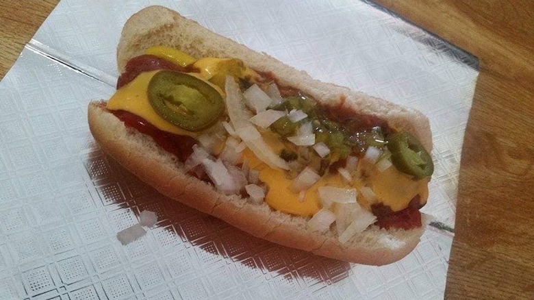 hot dog with cheese onions peppers from Hot Dog Man in Mississippi