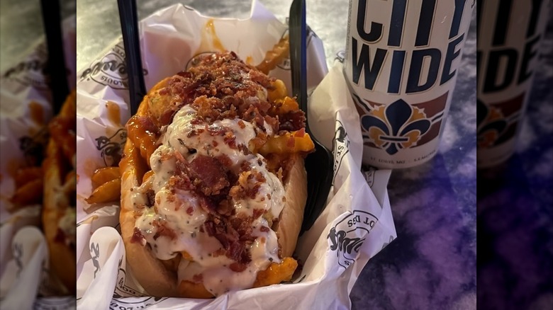 cheese bacon and fries on hot dog from Steve's Hot Dogs in St. Louis