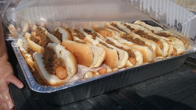 aluminum tray of coney dogs from Coney Island Lunch Room in Nebraska