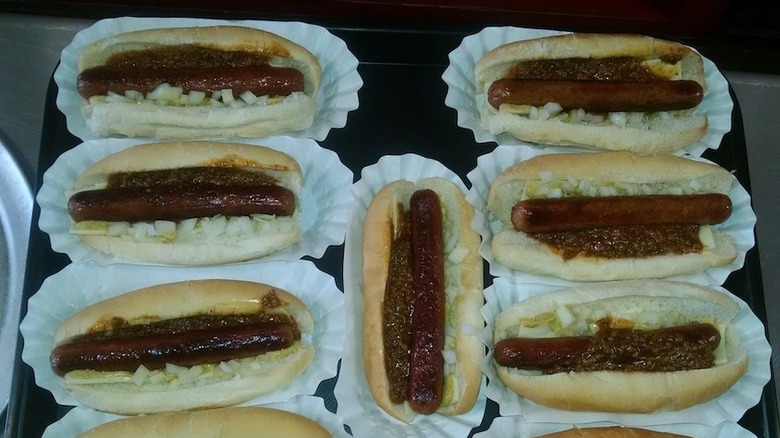 hot dogs with chili sauce at Paulie's Hot Dogs