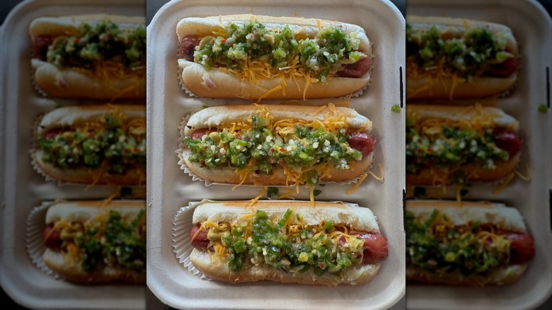 dressed hot dogs with peppers and cheese at The Prairie Dog in South Dakota