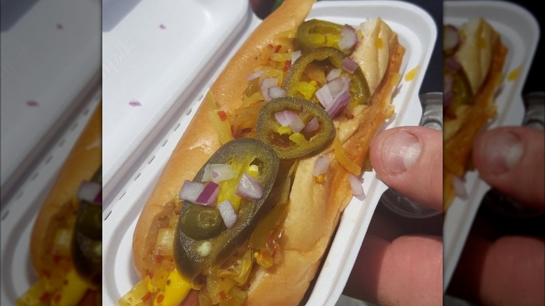 hot dog with relish and peppers at I Dream of Weenie in Nashville