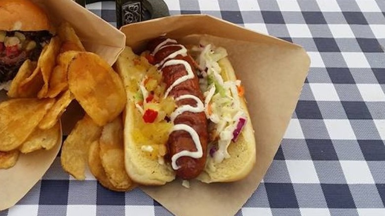 hot dog with relish and slaw at Pitchfork Fondue in Wyoming