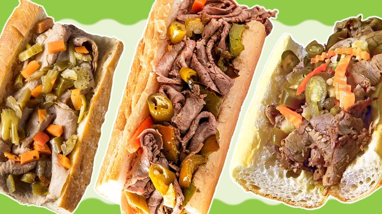 Three Italian beef sandwiches, lined in a row with green and white background.