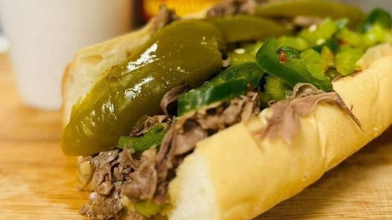 An Italian beef sandwich closeup.