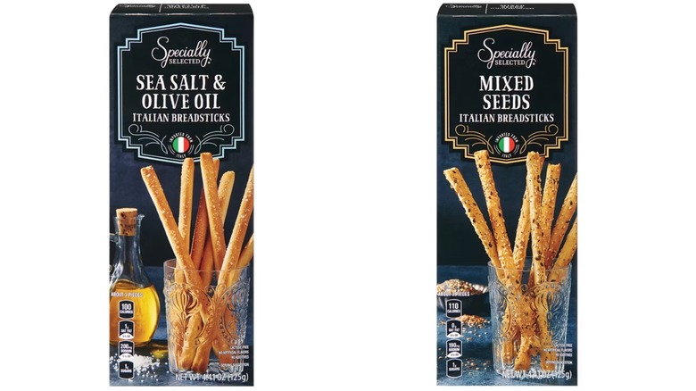 Boxes of Aldi Specially Selected Italian breadsticks in olive oil and mixed seeds