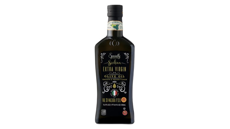 A bottle of Aldi Specially Selected brand extra virgin olive oil