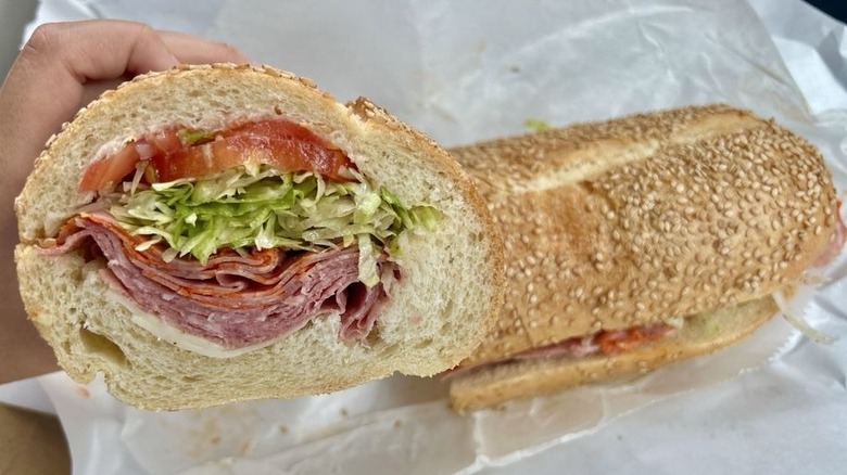 Inside the Italian sub in a sesame roll at V&S Italian Deli in Boca
