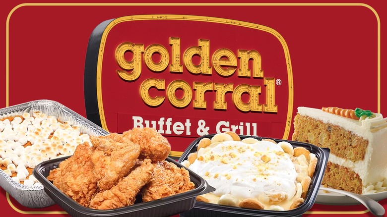 Golden corral logo sign behind trays of fried chicken sweet potato casserole banana pudding and carrot cake slice