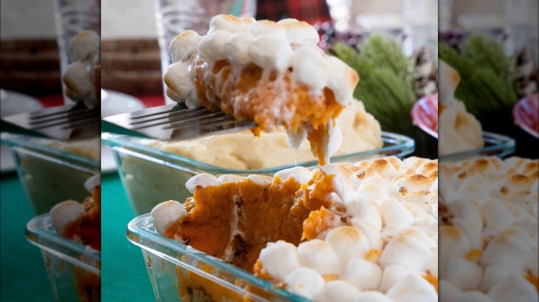 Golden Corral Sweet Potato Casserole being scopped out on a spatula
