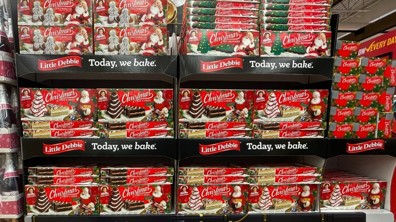 Display of Little Debbie Christmas snack cakes