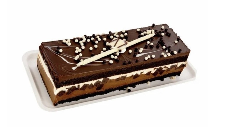 Costco's Tuxedo Cake on marble countertop