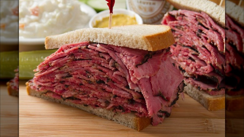 High stacked pastrami sandwich