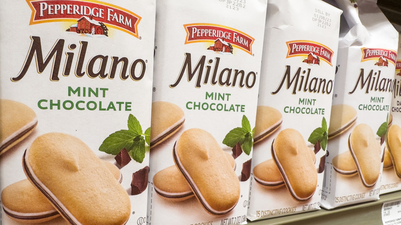 Row of Pepperidge Farm Milano mint chocolate cookie packages