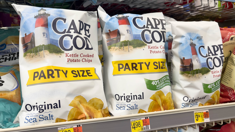 Three bags of cape cod chips on store shelf