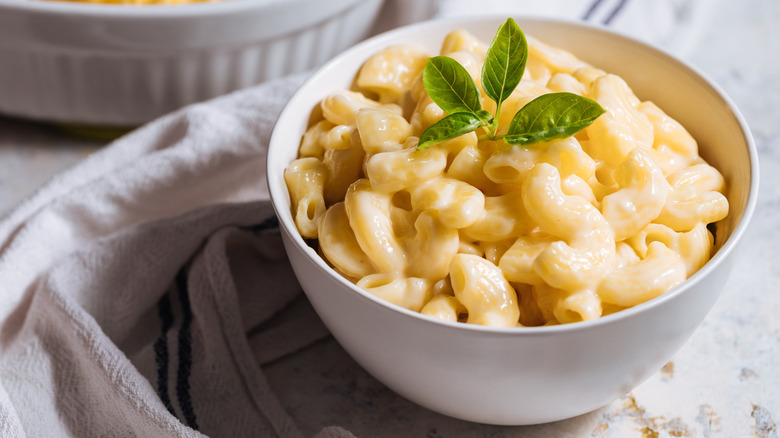 bowl of creamy mac and cheese in a white bowl