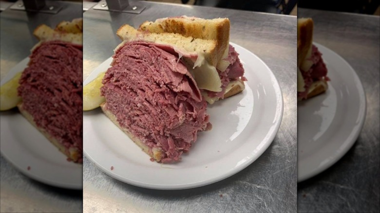 A Reuben sandwich overloaded with meat