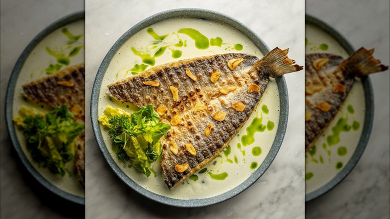 Sea bass on top of green sauce