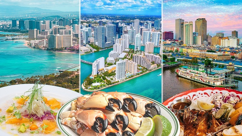 Composite image of three seafood plates against U.S. coastal cityscapes