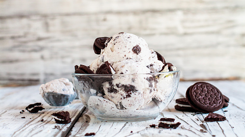 A bowl of cookies and cream ice cream