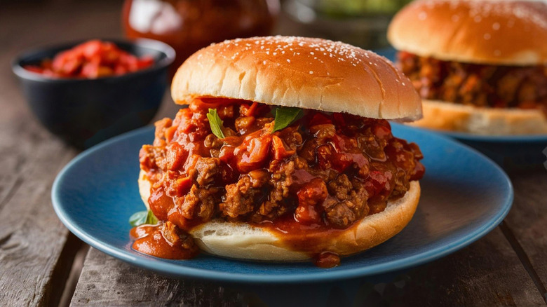 A juicy homemade sloppy Joe sandwich on a blue ceramic plate