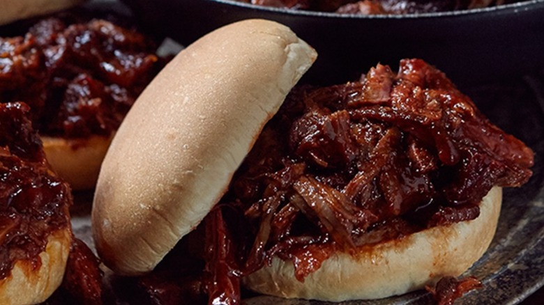 Close up of Joe's Kansas City Bar-B-Que sloppy joe on bun
